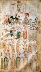 Der Einzug Heinrichs VI. des Heiligen Römischen Reiches (1165-1197) in Rom und seine Krönung zum Kaiser am 14/04/1191 durch Papst Coelestin III. Seite aus dem „Liber ad honorem Augusti“ von Pietro da Eboli (Petrus de Ebulo) - (Codex 120, fol. 105), 13.