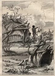 Die Expedition um die Welt (1790-1792) von Kapitän Etienne Marchand (1755-1793): indigene Hütten des Landes Enddacht (Australien) - Illustration aus „Die großen Seefahrer des 18. Jahrhunderts“