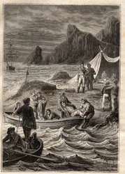 Die Expedition in die südlichen Länder (1800-1803) von Nicolas Baudin (1754-1803): die Skorbutkranken wurden an Land in der Bay of Adventure (Tasmanien, Australien) gebracht - Illustration aus „The Great Mariners of the 18th century“
