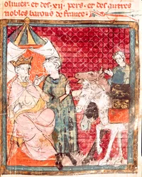 Der Abschied des Ritters Roland von seinem Onkel Karl dem Großen (742-814). Miniatur aus „Grandes Chroniques de France“ 1375-1379 Städtische Bibliothek, Castres