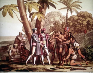 Die ersten Indianer, die Christoph Kolumbus bei seiner Ankunft in Amerika erschienen, in „Die alte und moderne Tracht“ von Jules Ferrario