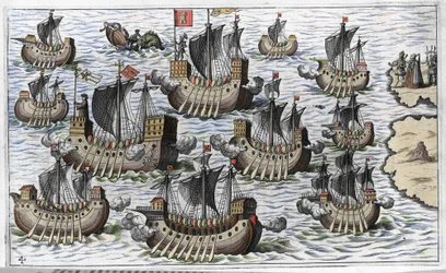 Die Flotte von Christoph Kolumbus (Cristoforo Colombo) zur Eroberung der Neuen Welt - in „Nova Tipus Transacto Navigatio Novi Orbi“ von Philoponus Honorius