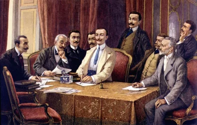 Die Gründer von Fiat von L. Delleani (1840 - 1908). Von links (sitzend): Graf Bisometti, Anwalt Racca, Graf Bricherasso, Ceriana, Giovanni Agnelli, Anwalt Scarfiotti, Ferrero und (stehend) Luigi Damevino und Anwalt Goria Gatti. Spätes 19. Jahrhundert