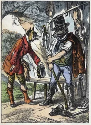 Der Fuchs und der Wolf. Illustration aus dem Märchen „Gute Mutter Schaf“. In „Märchen aus dem Heim für die Kleinen“. Anonyme Gravur aus dem 19. Jahrhundert.