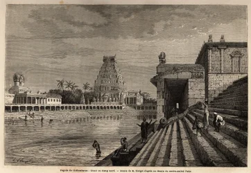Der Ghat oder heilige Teich der Chillambaran-Pagode, am Golf von Bengalen, nahe Pondichery (Indien); einige Gläubige steigen die monumentale Treppe hinab, um ein Bad zu nehmen oder Reinigungsrituale durchzuführen. Illustration einer Expedition zur Pagode