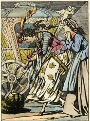 Die gute Fee verwandelt den Kürbis in eine Kutsche vor Aschenputtels Augen. Illustration aus Charles Perraults Märchen „Aschenputtel oder Der kleine Glasschuh“