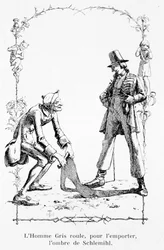 Der graue Mann rollt, um zu gewinnen, den Schatten von Schlemihl - in „Die wunderbare Geschichte von Peter Schlemihl“ von Aldebert von Chamisso