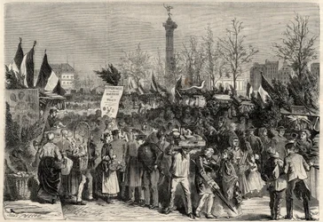 Der Schinkenmarkt, Boulevard Bourdon im 4. Arrondissement von Paris in der Nähe der Place de la Bastille. Ein Schild wirbt für Maultierfleisch (Hippophagie). Gravur in „Das illustre Universum“