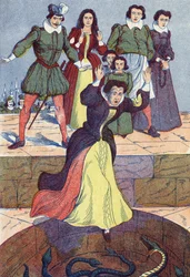 Die schreckliche Ogerin wird in den Tank geworfen. Anonyme Illustration für „La belle au bois dormant“, Märchen von Charles Perrault (1628-1703), französischer Schriftsteller. Bildmaterial Marcel Vagne, Jarville Nancy, undatiert (spätes 19. Jahrhundert)