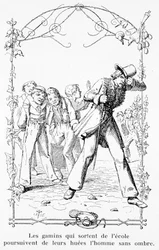 Die Kinder, die die Schule verlassen, jagen den Mann ohne Schatten - in „Die wundersame Geschichte des Peter Schlemihl“ von Adelbert von Chamisso