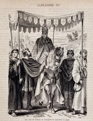 Die Könige von Frankreich Ludwig VII. der Jüngere (1120 - 1180) und England eskortieren Papst Alexander III. - in „Histoire des popes“