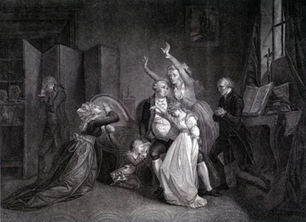 Das letzte Gespräch von Ludwig XVI. mit seiner Familie (Marie Antoinette und Ludwig XVII). Gravur aus dem 19. Jahrhundert.