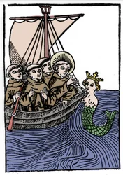 Die Legende von Sankt Brendan (Brandan), Held und irischer Heiliger des 6. Jahrhunderts. Das Treffen von Sankt Brendan mit der Sirene. Gravur aus „Die wunderbare Meerfahrt des Hl. Brandan.“ Basel