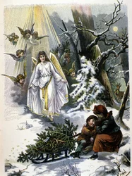 Die Legende des Weihnachtsbaums: Erscheinung eines Engels. Illustration aus dem 19. Jahrhundert.