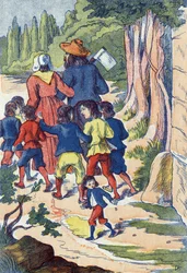 Der kleine Däumling sät Steine auf seinem Weg. Illustration für „Der kleine Däumling“, Märchen von Charles Perrault (1628-1703), französischer Schriftsteller. Anonyme Illustration. Bild von Marcel Vagne, Jarville Nancy, undatiert (spätes 19. Jahrhundert)