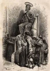 Der untere Fuß der Bronzestatue von St. Peter, ein Objekt der Verehrung für die katholischen Pilger, die die Vatikanische St. Peter-Basilika betreten. Gravur zur Illustration der Geschichte von Ludovic Celler: la semaine sainte à Rome, 1863, in „Le tour du