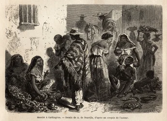 Der Markt von Cartagena (Kolumbien) in den Vororten der Stadt, hauptsächlich von Schwarzen, Mestizen und Indianern besucht. Stich zur Illustration der Reise nach Neugranada von Dr. Saffray im Jahr 1869, veröffentlicht in „Le Tour du monde“ 1872