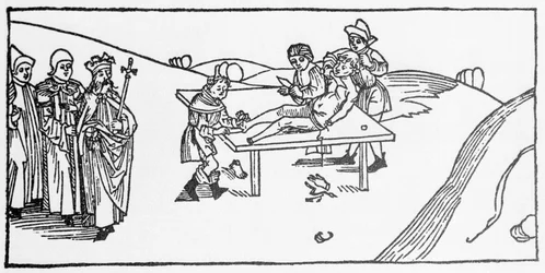 Das Martyrium des Heiligen Jakobus des Älteren, zugefügt von Herodes Agrippa, König von Judäa. Gravur aus „Leben der Heiligen - Sommerteil“ (Das Buch der Heiligen) von Jacobus (Jakob) von Voragine (1228-1298). Lübeck 1488