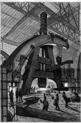 Die Metallindustrie: die Schmiede. Der Creusot-Dampfhammer in den Schneider und Compagnie Fabriken. Gravur in "La Nature"