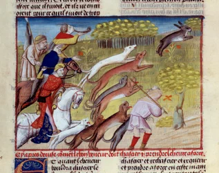Die Miniatur Hasenjagd aus „Das Buch der Jagd“ von Gaston III Phoebus, Graf von Foix, Herr von Béarn (1331-1391)