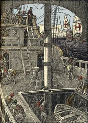 Der Seefahrer Christoph Kolumbus (1451-1506) an Bord seiner Karavelle