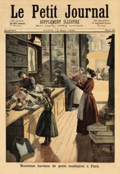 Die neuen Hilfspostämter in Paris, einige Verhandlungsführer eröffnen einen Postschalter, parallel zu ihren kommerziellen Aktivitäten. Gravur in „Le petit journal“ 14/05/1894. Selva Sammlung.