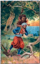 Der alte Mann vom Meer. Die wunderbaren Abenteuer von Sindbad dem Seefahrer. Beliebtes Märchen aus 1001 Nacht. Chromolithographie des späten 19. Jahrhunderts.