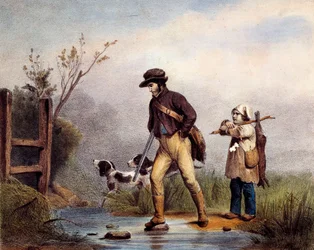 Der Durchgang hat Jäger, die einen Wasserlauf zu Fuß überqueren. Lithographie des 19. Jahrhunderts Gien, Jagdmuseum