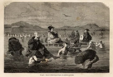 Die Passage eines Fährmanns, mit Darstellung der Methoden zum Transport von Passagieren und Gepäck. Gravur zur Illustration der Reise nach Japan, in den Jahren 1863-1864, von Aime Humbert, Minister der Schweizerischen Eidgenossenschaft, in „Le tour du mond