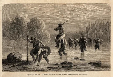 Der Durchgang des Flusses, die Siriniris-Indianer schlagen spontan vor, die Mitglieder der Expedition auf ihren Schultern zu tragen, um sie über die Teiche am Fuße des Mount Basiri (Peru) zu bringen. Gravur zur Illustration der Reise in die Täler