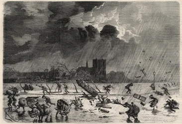 Der Pier an der Ecke der Saint-Michel-Brücke in Paris während des Hurrikans am 8. März. Gravur in „L