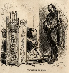 Die Pfeifenklopfmaschine in seiner Werkstatt, er benutzt eine einfache Platte mit ungleich großen Löchern, die in eine Eisenspirale gesetzt sind, um die Pfeifen zu klopfen. Gravur zur Illustration der Reise nach Japan, von Aime Humbert, Minister der Schwei
