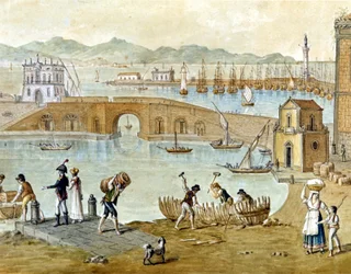 Der Hafen von Neapel und Santa Lucia um 1800: Reisende bereiten sich auf die Abreise vor und Zimmerleute bauen ein Boot. Aquarell