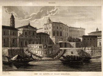 Der Hafen von Ripetta und der Borghese-Palast in Rom, Gravur von Ch. de Vene, in „Bilderbuch Italien“, Amable Coste Herausgeber, Paris