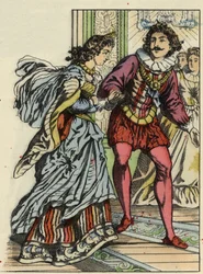 Der Prinz lädt Aschenputtel zum Tanz ein. Illustration zu Charles Perraults Märchen „Aschenputtel oder Der kleine Glasschuh“