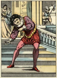 Der Prinz hebt den Glasschuh von Aschenputtel auf. Illustration aus Charles Perraults Märchen „Aschenputtel oder Der kleine Glasschuh“