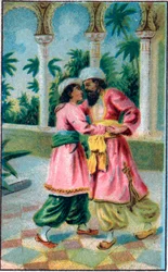 Die Rückkehr des Prinzen. Geschichte „Histoire du cheval enchanté“ in „Les mille et une nuits“ (die 1001 Nächte). Chromolithographie aus dem späten 19. Jahrhundert.