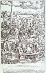 Der runde Tisch der Laster: Spiel, Gier, Lust, Stolz... - Gravur 1546