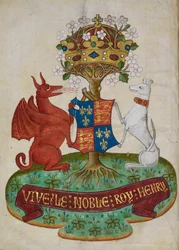 Die königlichen Waffen Englands von Heinrich VII., unterstützt von einem weißen Windhund und einem roten Drachen