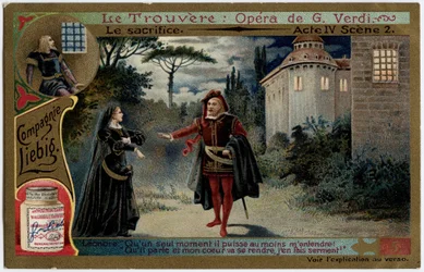 Der Opferakt IV Szene 2. Illustration für die Oper „Il trovatore“ von Giuseppe Verdi (1813-1901). Chromolithographie (Chromo) Liebig aus dem späten 19. Jahrhundert.