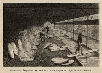 Die Salzbrunnen von Ho-Boung, die offenen Galerien an der Bergseite, 20 Meter tief, werden von Holzrahmen gestützt, das Wasser wird durch Bambusrohre in Marmorrinnen geleitet, jede entspricht einem Ofen, in dem Salzwasser zur