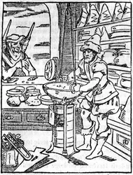 Das Geschäft des Apothekers und Händlers von Salben und Tränken im 16. Jahrhundert, der Friseur kümmert sich um das Haar eines Kunden - In „Der malerische Laden“ 1836