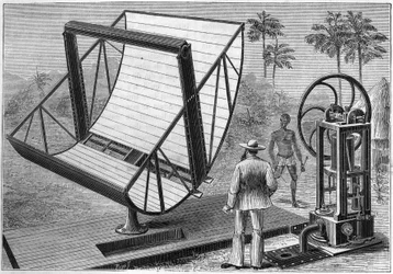 Die Solarmaschine, die 1883 von John Ericsson (1803-1889), einem amerikanischen Ingenieur schwedischer Herkunft, einem der Väter der Nutzung von Solarenergie, experimentiert wurde. In „Nature. Revue der Wissenschaften und ihrer Anwendungen in Kunst und Ind