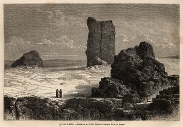 Die Schaufensterruinen von Birs Nimroud, die die Touristengemeinde von Bagdad (Irak) damals als den mythischen Turm von Babel identifiziert. Gravur zur Illustration der Reise nach Babylon, 1866, von Guillaume Lejean, in „Le tour du monde, nouveau journal d
