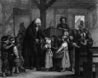 Die Schüler einer Klasse versammeln sich, um ihrem Lehrer an seinem Geburtstag Blumen zu überreichen. Gravur des 19. Jahrhunderts