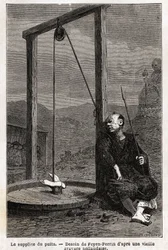 Die Qual des Brunnens, das Opfer, kopfüber, wird in eine Zisterne gehängt, die mit Brettern verschlossen wird, um sie völlig dunkel zu machen. Der Tod tritt erst nach etwa zehn Tagen ein. Diese Qual wurde häufig gegen japanische Christen angewendet, die re