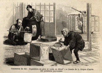 Der Handel mit Tee: Groß- und Einzelhandel. Gravur zur Illustration der Reise nach Japan, von Aimé Humbert, Minister der Schweizerischen Eidgenossenschaft, 1863-1864, veröffentlicht in „Le tour du monde“, 1869, herausgegeben von Edouard Charton, Edition Ha