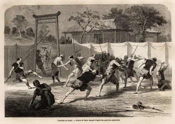 Das Training japanischer Krieger im Schwert- und Speerkampf in einer Art Arena, umgeben von gespanntem Segeltuch. Illustration der Reise nach Japan, 1863-1864, von Aime Humbert, Minister der Schweizerischen Eidgenossenschaft, in "Le tour du monde, nouveau"