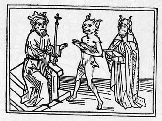 Der Prozess von Belial: „Dämon Belial präsentiert seine Referenzen vor Richter Solomon“ Gravur aus „The trial of Belial“ von Jacobus de Teramo (oder Palladino), Augsburg