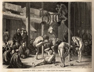 Die Truppe der Saltimbanques, die Turner von Tokio, sie treten unter einem großen Schuppen auf oder sind mit Bambusmatten ausgestattet, alle sind erfahren in diesen körperlichen Übungen, aber auch in der Praxis der Komödie. Illustration der Reise nach Jap